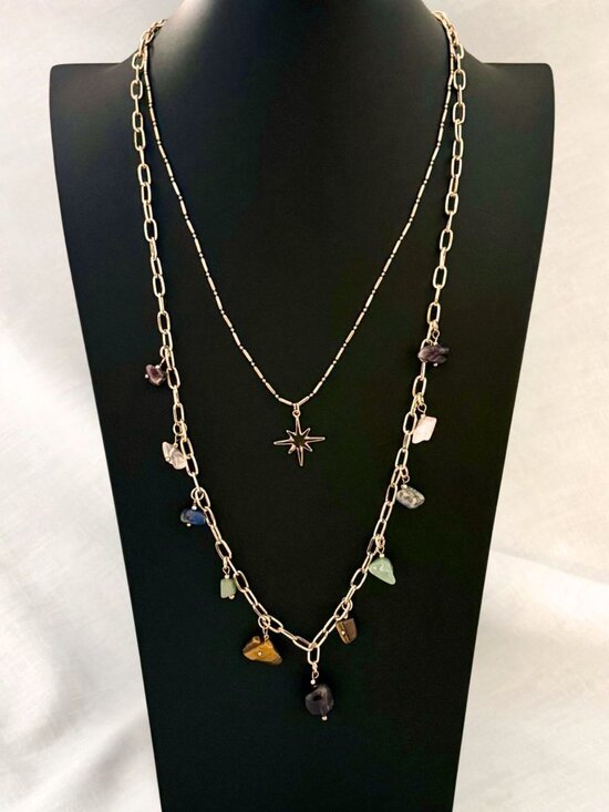 CBOCS Distribution Jewelry - Long Layered Gold Necklace Star Pendant Natural Stone Charms Paperclip Chain